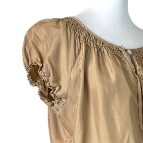 Talbots Dress Smocked Blouson Waist Tan 100% Silk Short Sleeve Women’s Medium M - Picture 9 of 12